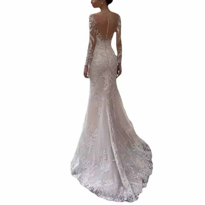 Elegant long sleeve lace mermaid wedding dress with intricate detailing and a low back design