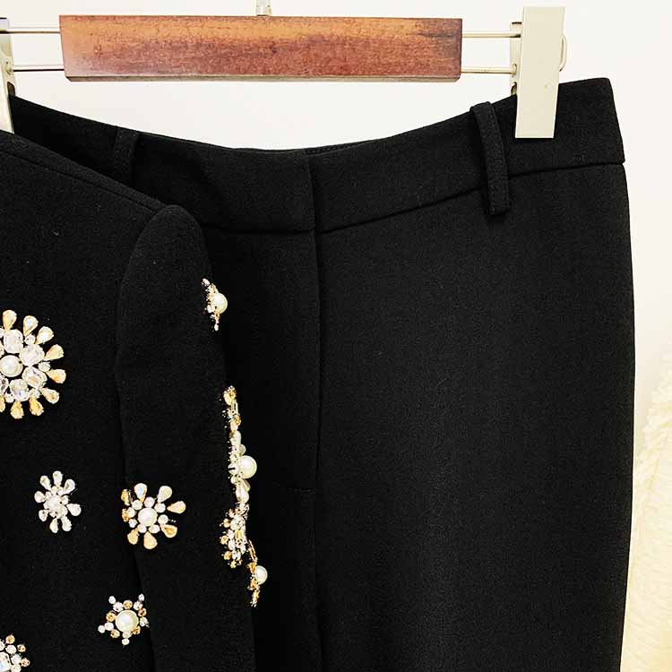 Womens Pantsuit Hand Sewn Pearls Jewellery Crop Blazer Jacket + Flare Trousers Side Slit Pants Suit