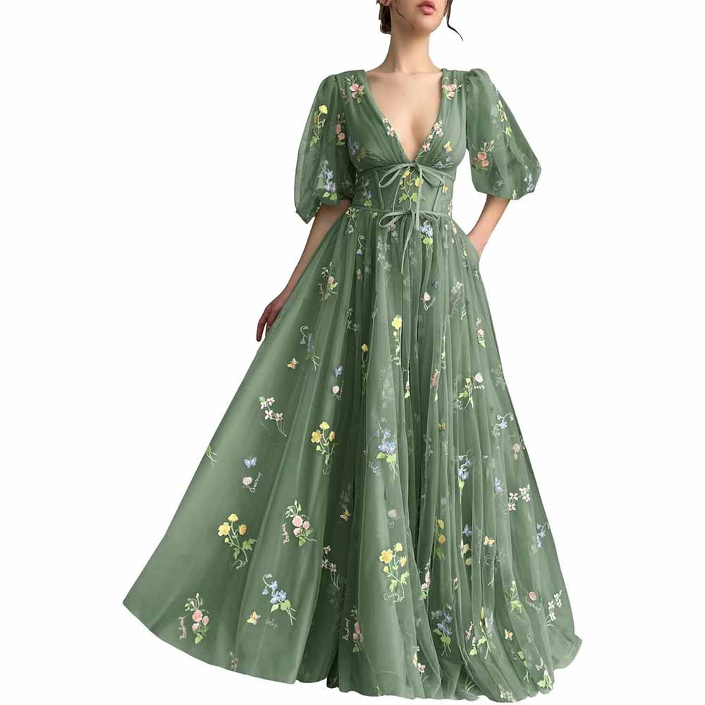 Puffy Sleeve Long Prom Dresses Flower Embroidery Tulle Gowns V Neck A- SD Dresscode & Fashiontrends Puffy Sleeve Long Prom Dresses Flower Embroidery Tulle Gowns V Neck A- SD Dresscode & Fashiontrends