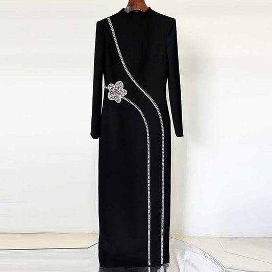 Women's Mock-Neck Black Beaded Formal Dresses Long Prom Dress