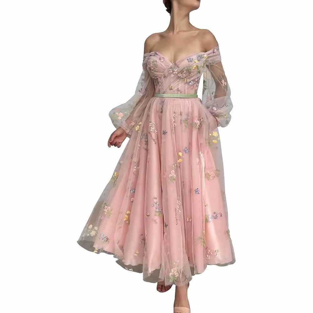 Puffy Sleeve Tulle Prom Dresses Flower Embroidery Formal Evening Party SD Dresscode & Fashiontrends Puffy Sleeve Tulle Prom Dresses Flower Embroidery Formal Evening Party SD Dresscode & Fashiontrends