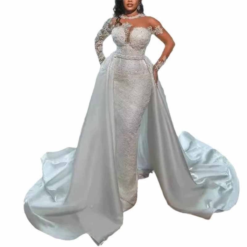 Elegant luxury lace mermaid wedding dress with off-the-shoulder design and train for a stunning bridal look