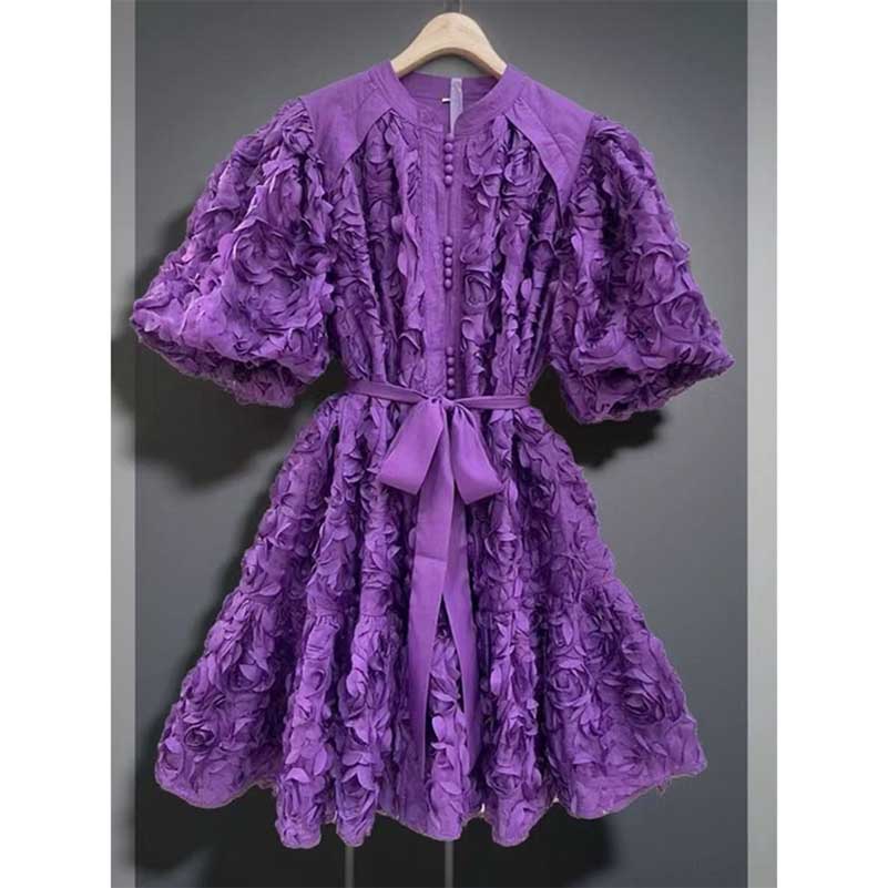 Puff Sleeve Flower Embellished Lace-Up Mini Dress