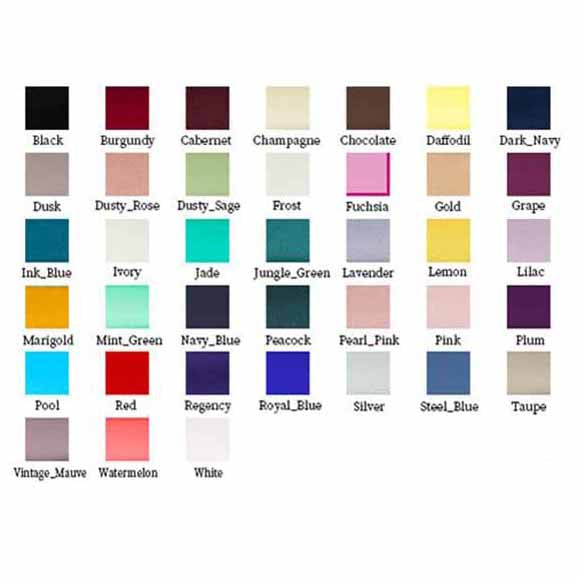 Color swatches for mother of the bride satin dress available in various shades including burgundy, navy, and champagne