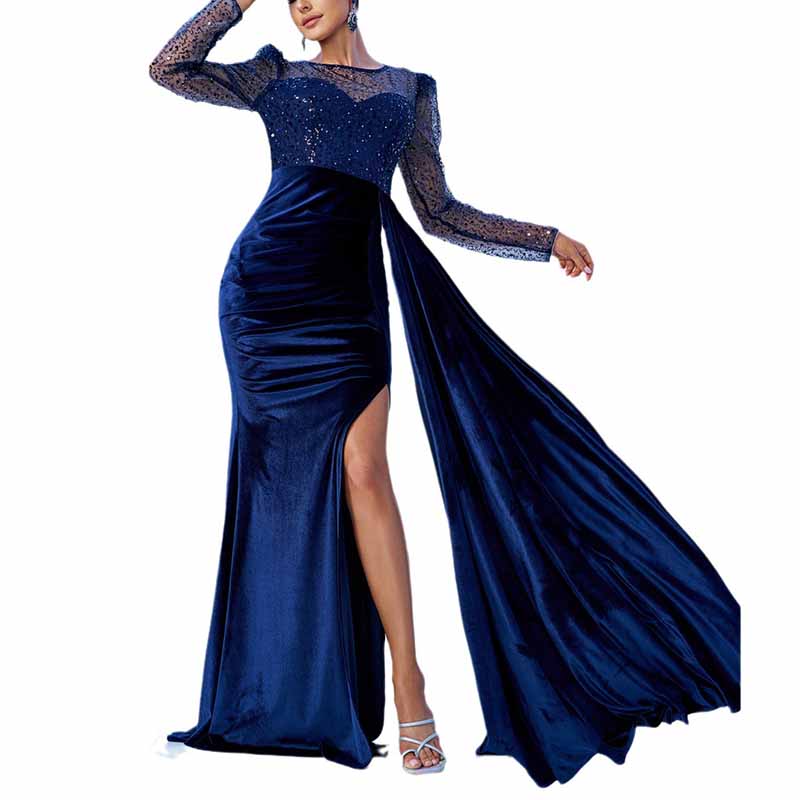 Navy Blue Halter Long High Split Plus Size Prom Dress main image 0