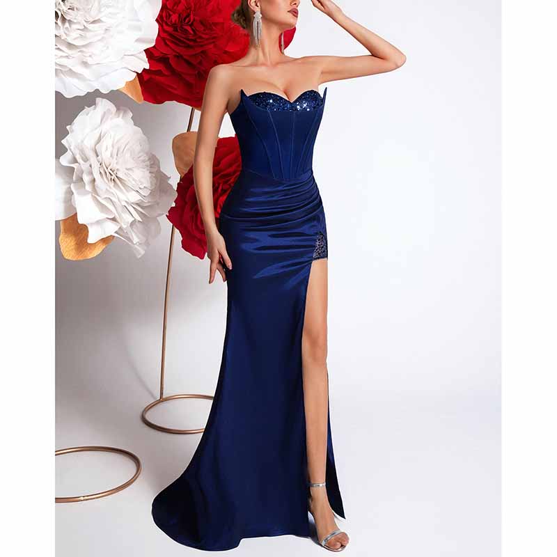Corset Navy Blue Prom Dress | Sweetheart High Split Formal Gown