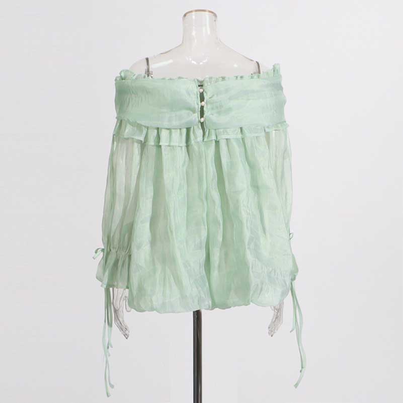Long Ruffle Sleeves Lace-Up Tulle Shirt Formal Top