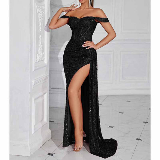 Off Shoulder Sequin Prom Dress High Split Evening Ball Gown