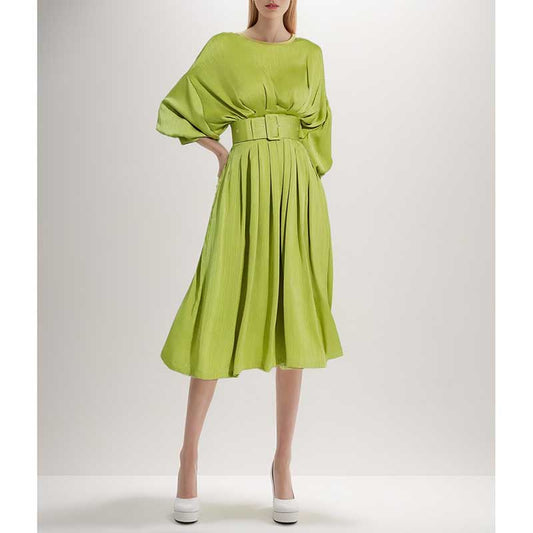 Satin Long Puffy Sleeve Lemon Green Dress with Belt Trendy Event Dress