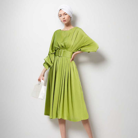Satin Long Puffy Sleeve Lemon Green Dress with Belt Trendy Event Dress
