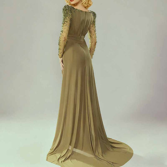 Olive Green Evening Gown Crystal Mesh Sleeve Maxi Dress
