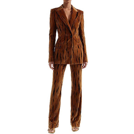 Stylish one button velvet pantsuit for women in brown with a chic design, perfect for formal events