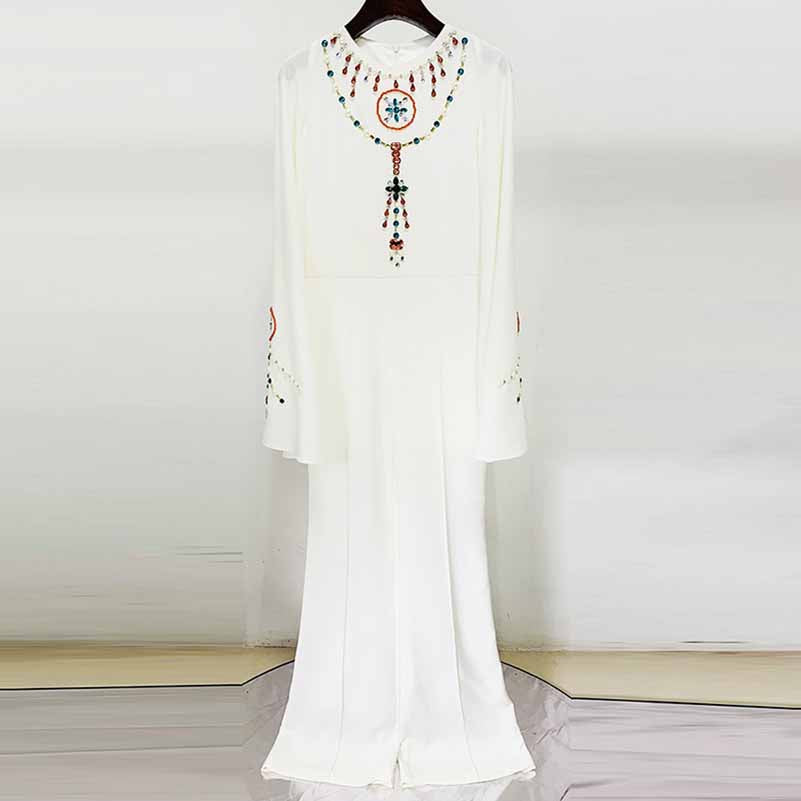 Trumpet Sleeved Jumpsuit White Heavy-duty Diamond Studded Jumpsuit Beaded One Piece Suit
