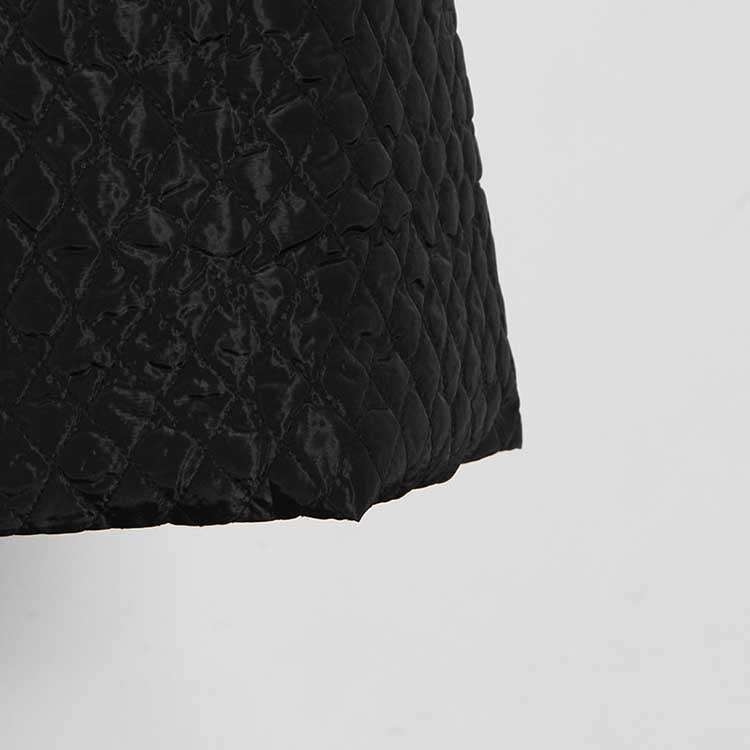 Close-up of an oversized black winter jacket for women with quilted texture and stylish design