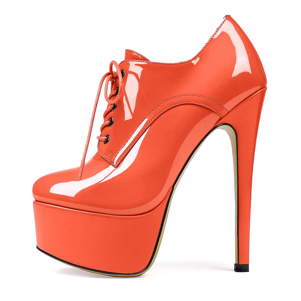 Patent Leather Lace-Up Boots Platform Short Boots Round Toe Ankle High Stiletto