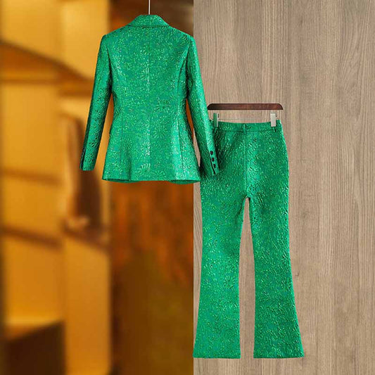 Green 3D Embroidered Suit Formal Pantsuit Stage Performance Two Pieces Suit