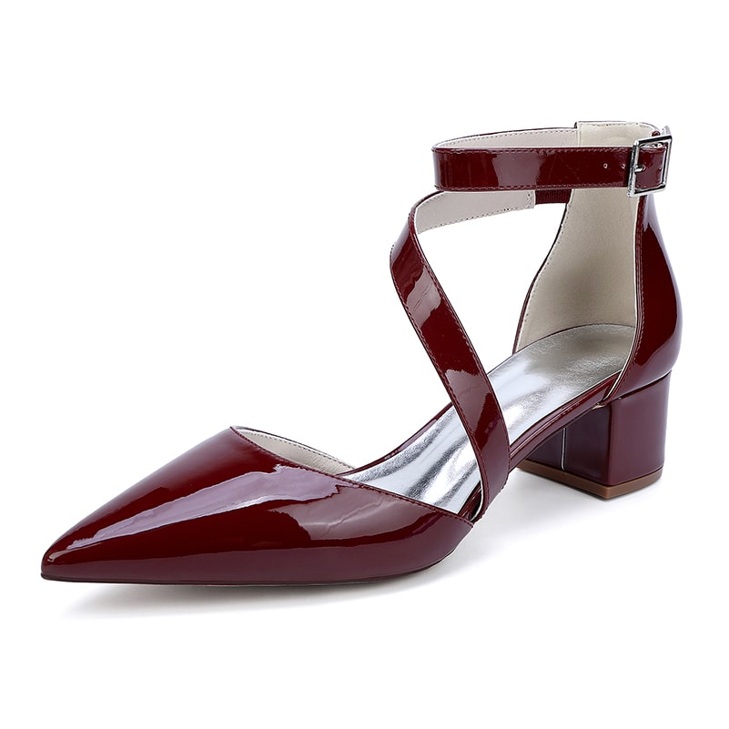 Burgundy patent leather bridal heels with cross-strap design and a comfortable block heel