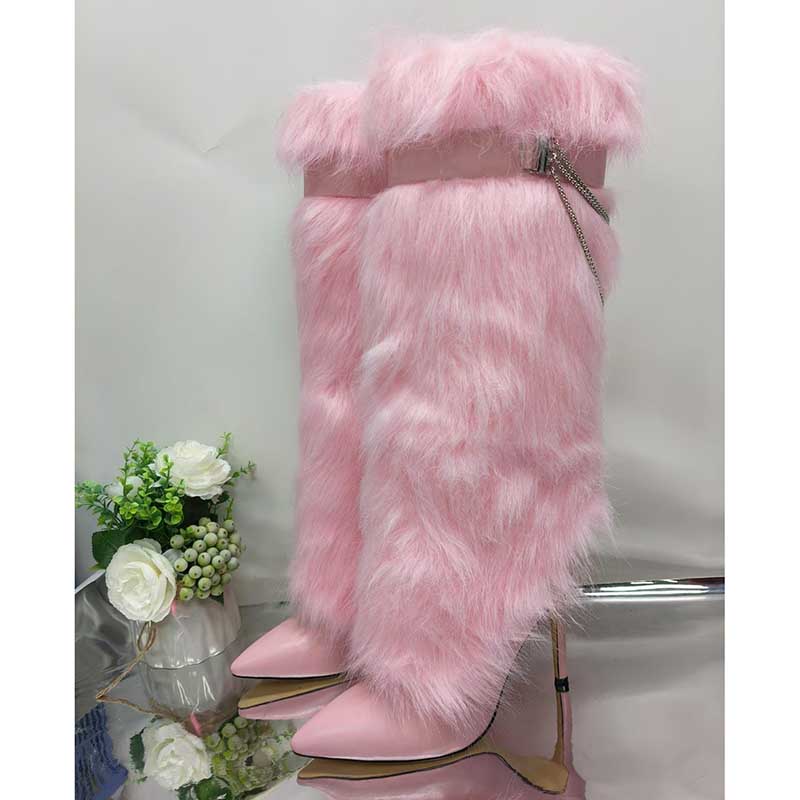 Pink faux fur boots for women with high heels and stylish strap detail