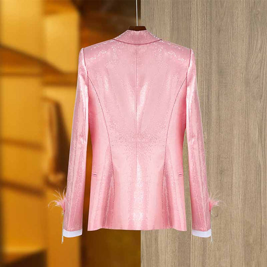 Women Sequin Blazer Pink Glitter Coat Party Jacket