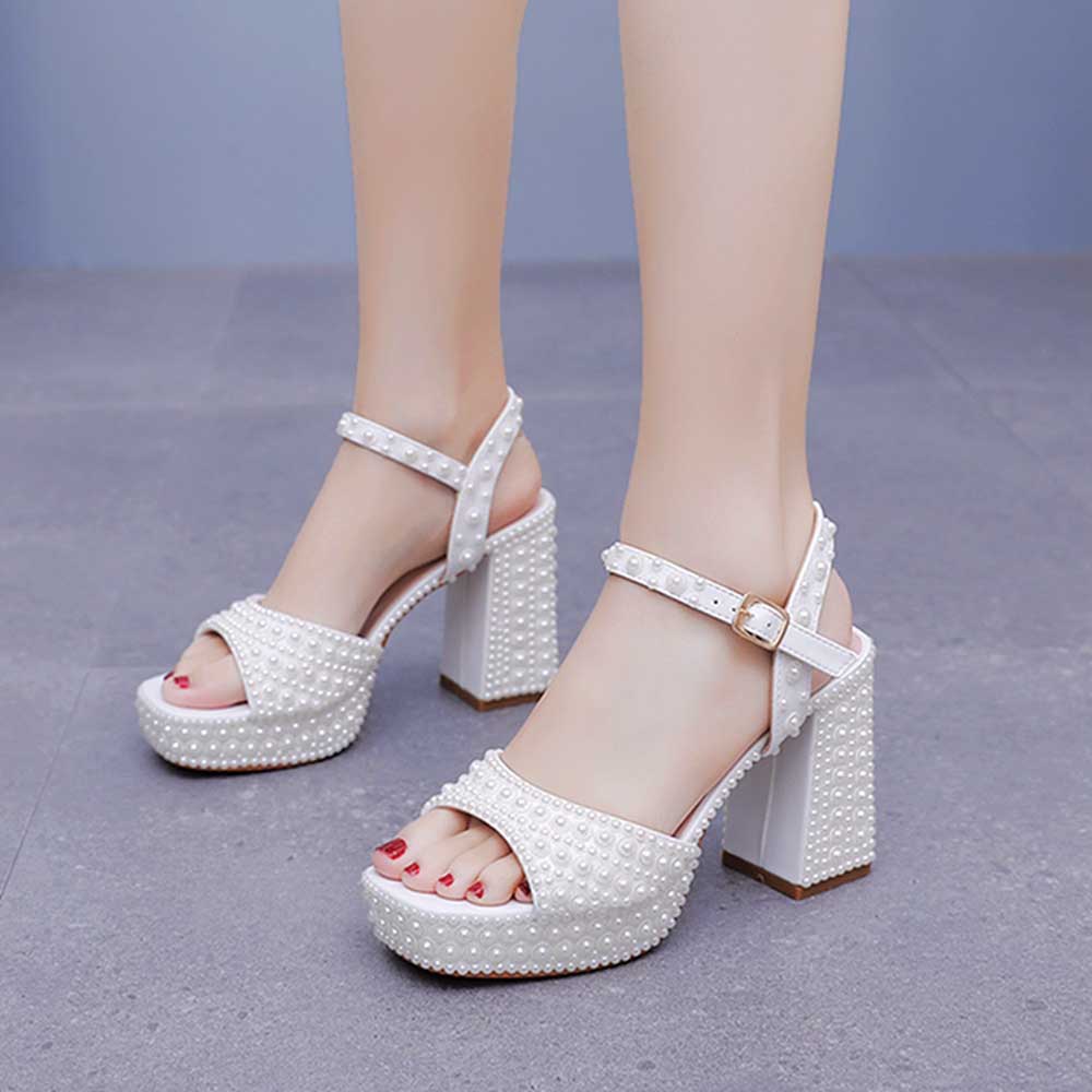 Platform Wedding Shoes Pearls Bridal Sandals Buckle Strap Chunky Heel Shoes