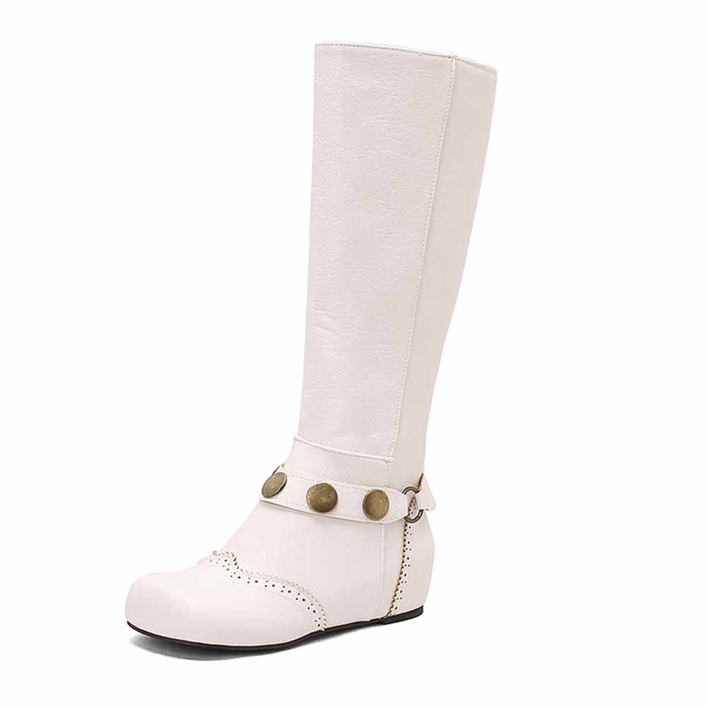 White plus size knee-high wedge boots with decorative button accents for stylish comfort