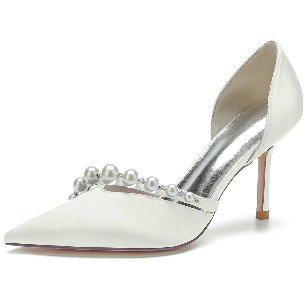 Bridal Heels Satin Dress Shoes with Pearls
