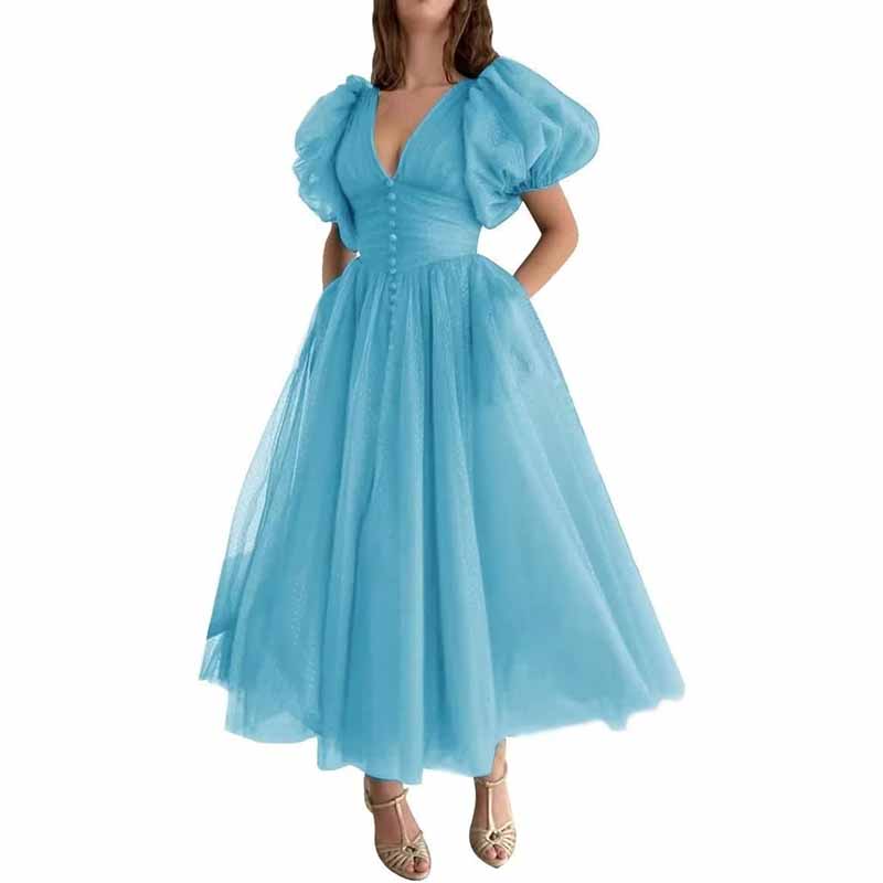 Women's Puffy Sleeve Prom Dresses Tulle V Neck Tea Length Formal Evening Gowns