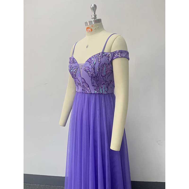Purple Long Prom Dress Off The Shoulder Tulle A Line Sequin Bridesmaid Dress