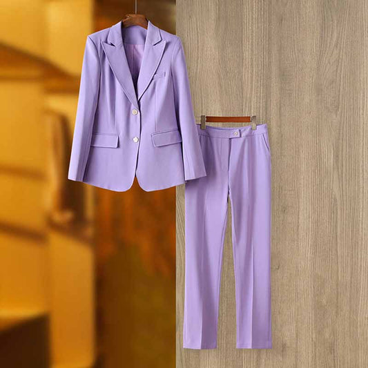 Women Lavender Pantsuit Fitted Blazer + Mid-High Rise Trousers Pantsuit Suit Office Wear