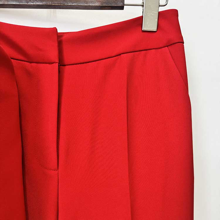 Women's Elegant Red Peplum Blazer Suit Set - Shawl Collar, Floral Brooch Detail Pantsuit
