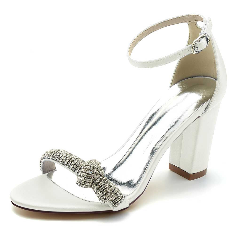 White S&DCo. rhinestone ankle strap sandals for women with a stylish block heel