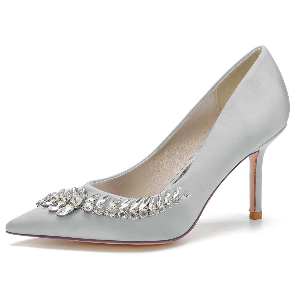 Elegant rhinestone satin dress heels in silver with a pointed toe and decorative embellishments