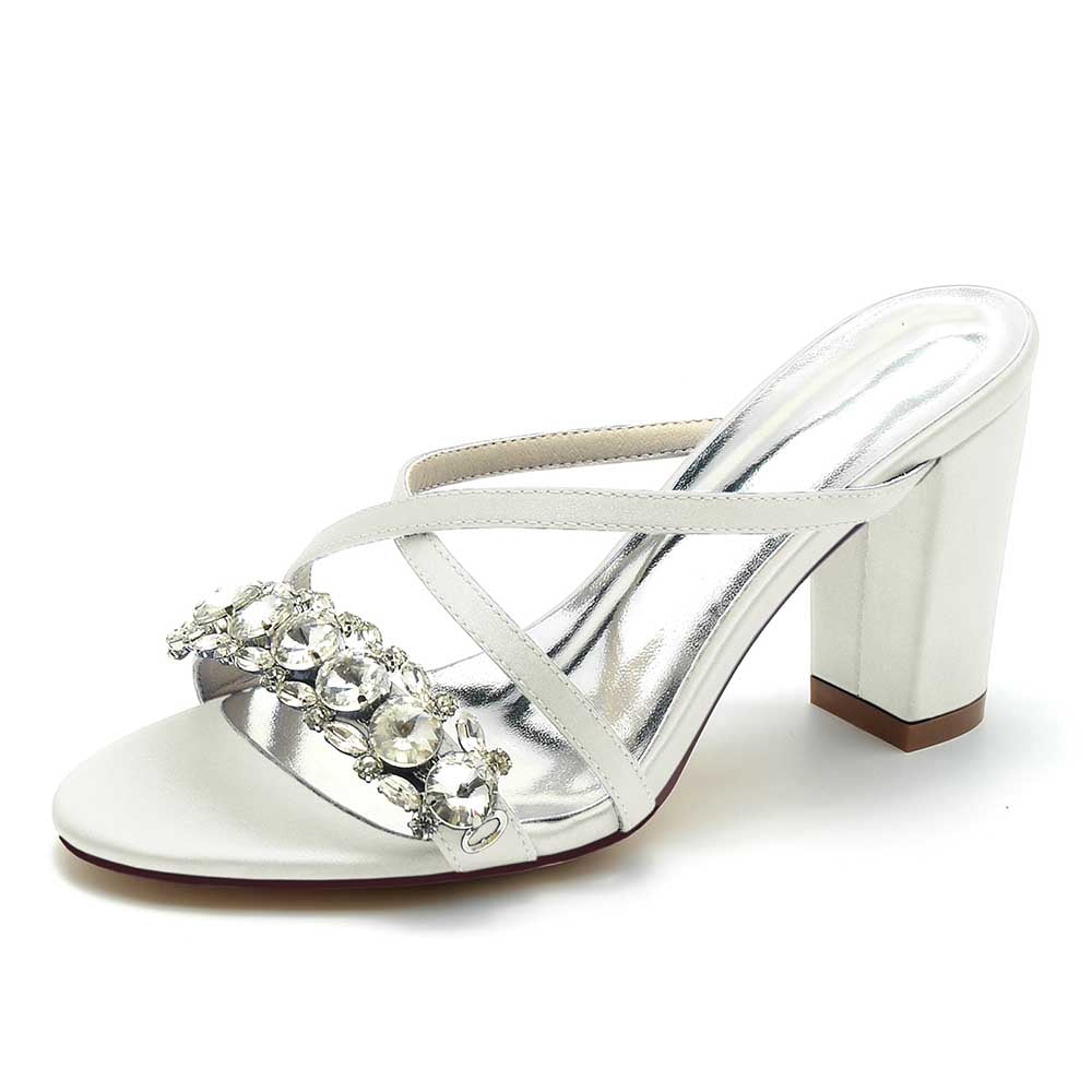 S&DCo. rhinestone wedding shoes for women with a stylish cross-strap design and block heel