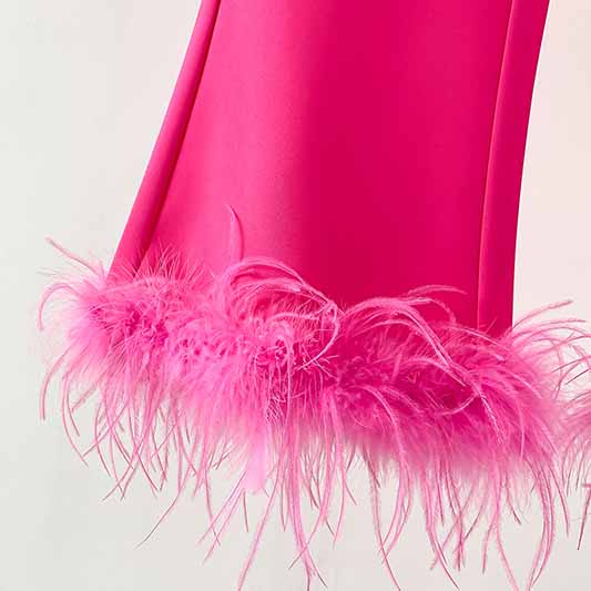 Women Hot Pink Pantsuit Faux Feather Trim One Button Blazer + Mid Waist Cropped Trousers Suit Pantsuit