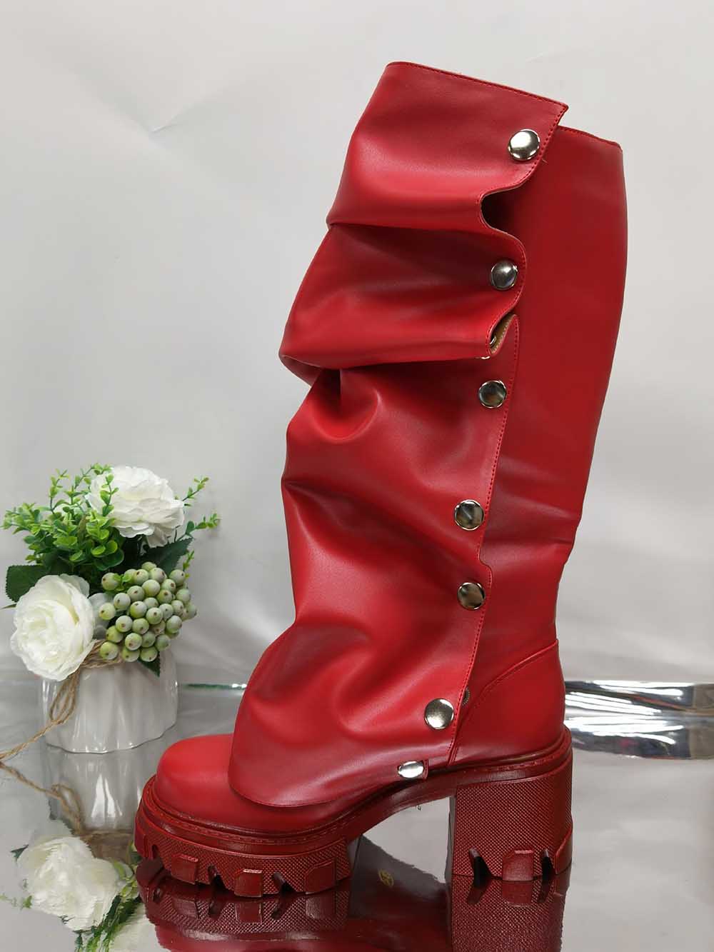 Bold red ruched mid calf boots for women with decorative buttons and thick platform soles