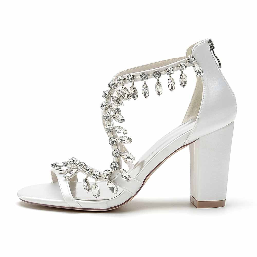 Bridal Rhinestones Heels X-Strap Chunky Sandals Prom Block Heel Shoes
