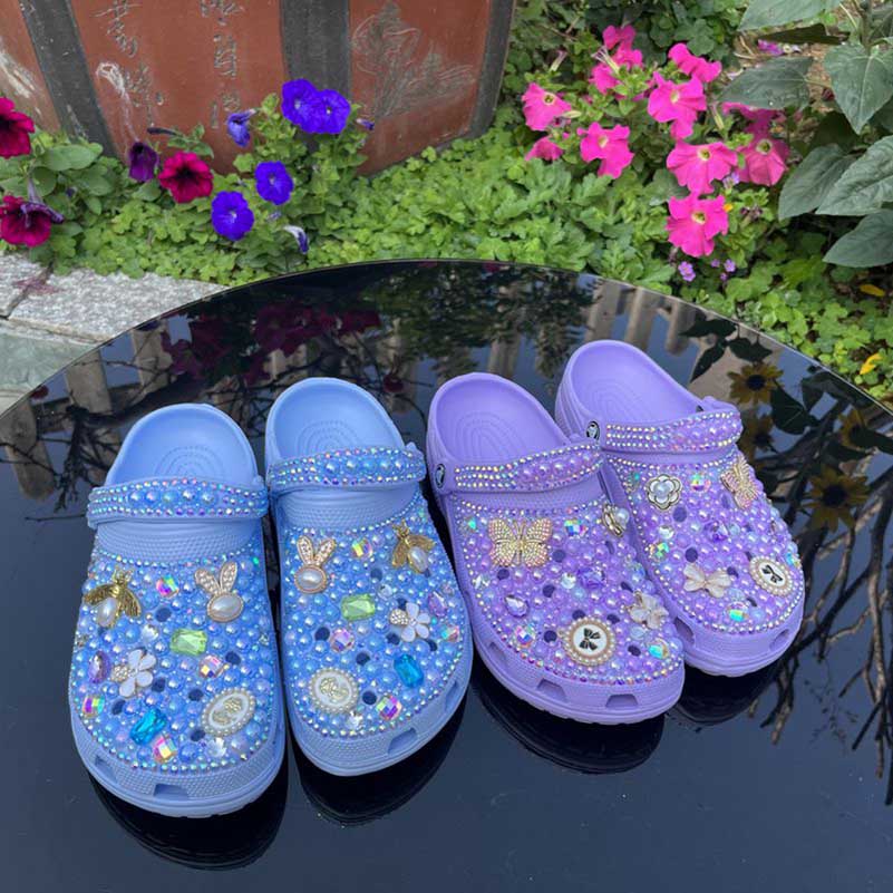 Womens Closed Toe Clog Shoes Rhinestone Sparkly Slip on Mules Lavender