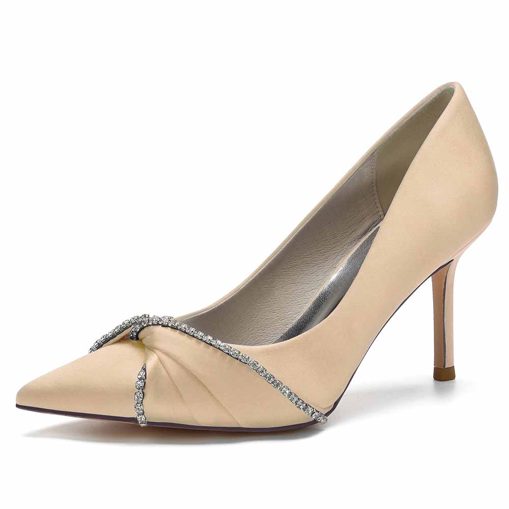 Elegant satin beaded wedding pumps with a pointed toe design and a chic heel