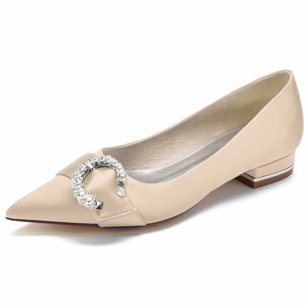 Elegant TC satin bridal flats for women with a decorative buckle and comfortable block heel