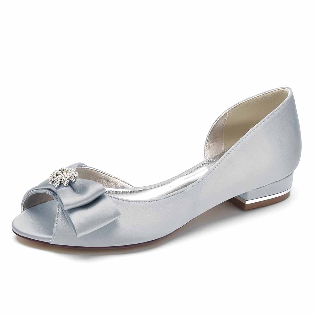 Elegant open toe satin formal flats in soft blue with a decorative bow and heel for weddings