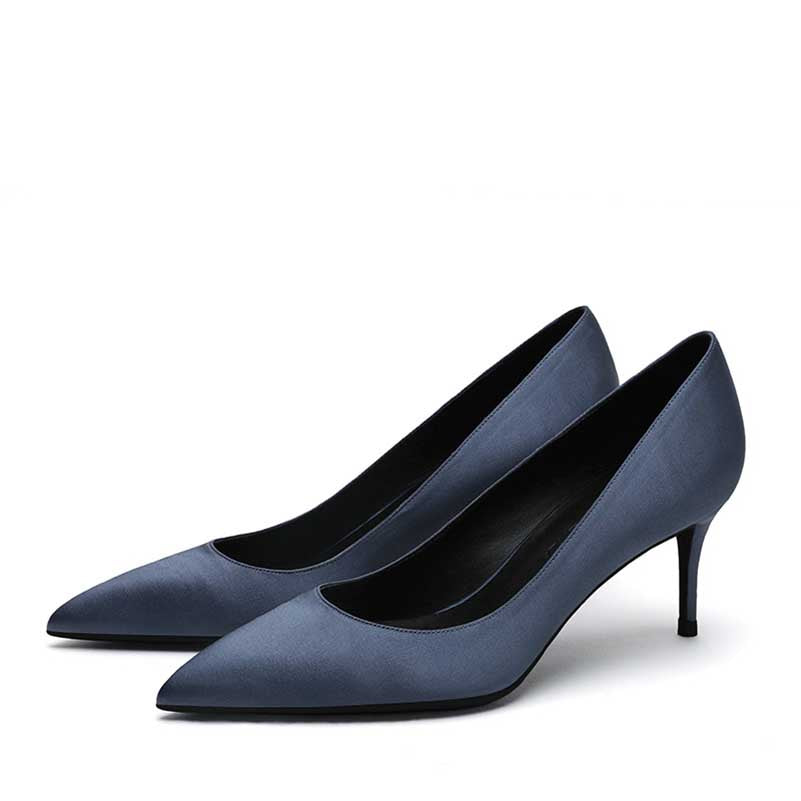 Elegant navy satin low heel party shoes with a sleek pointed toe design for stylish occasions