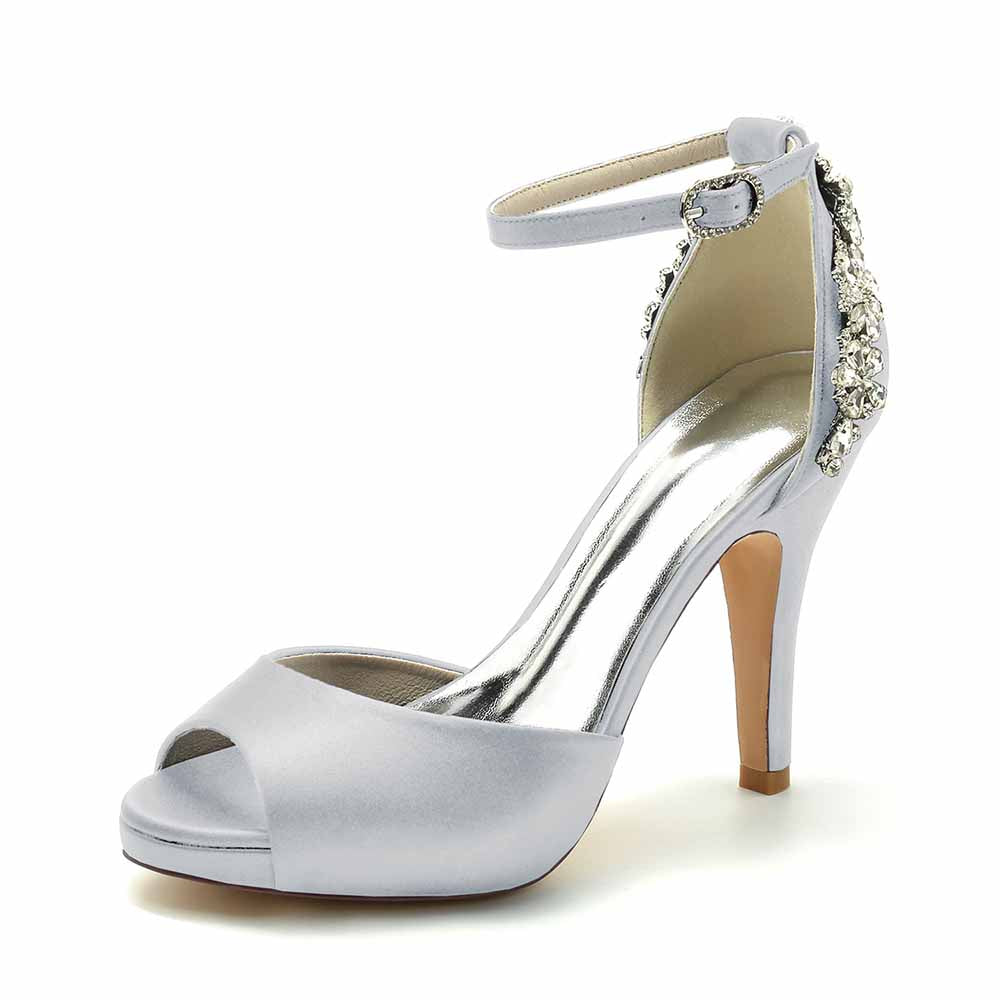 Elegant satin peep toe wedding shoes by S&DCo with a stylish ankle strap and embellishments