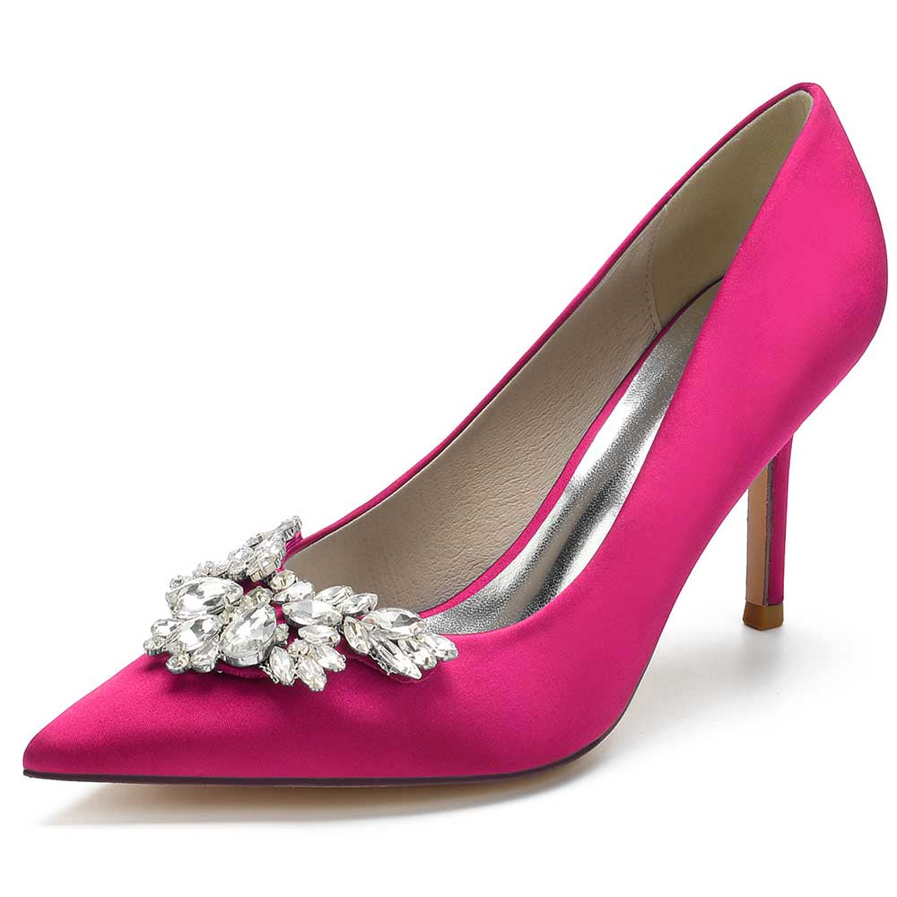 Fuchsia satin rhinestone heels for parties with elegant embellishments and a sleek pointed toe design