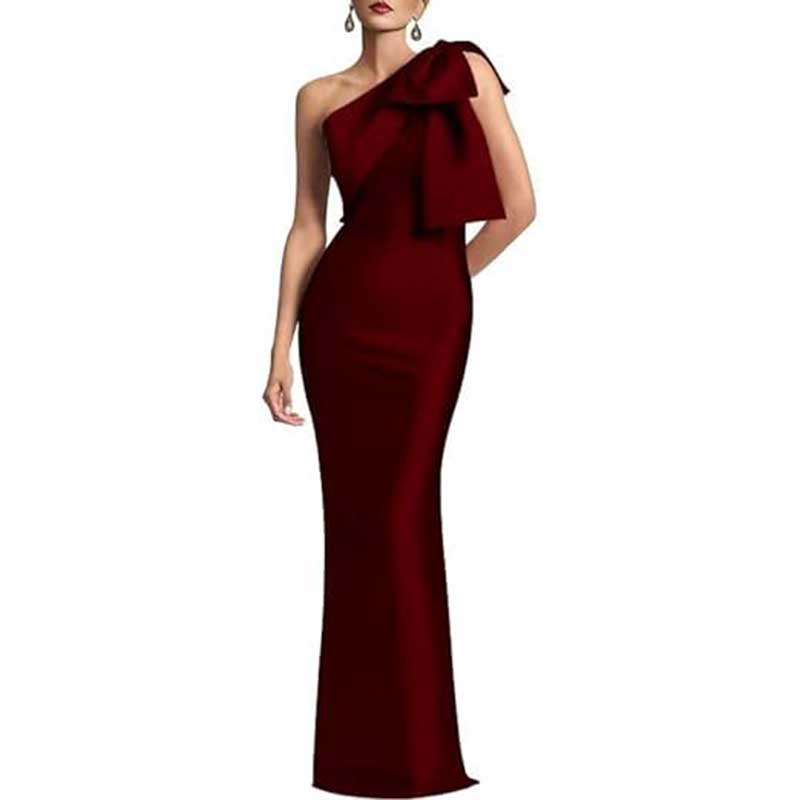 Satin Mermaid Wedding Ball Gown Bow Detail Single Shoulder Prom Dress