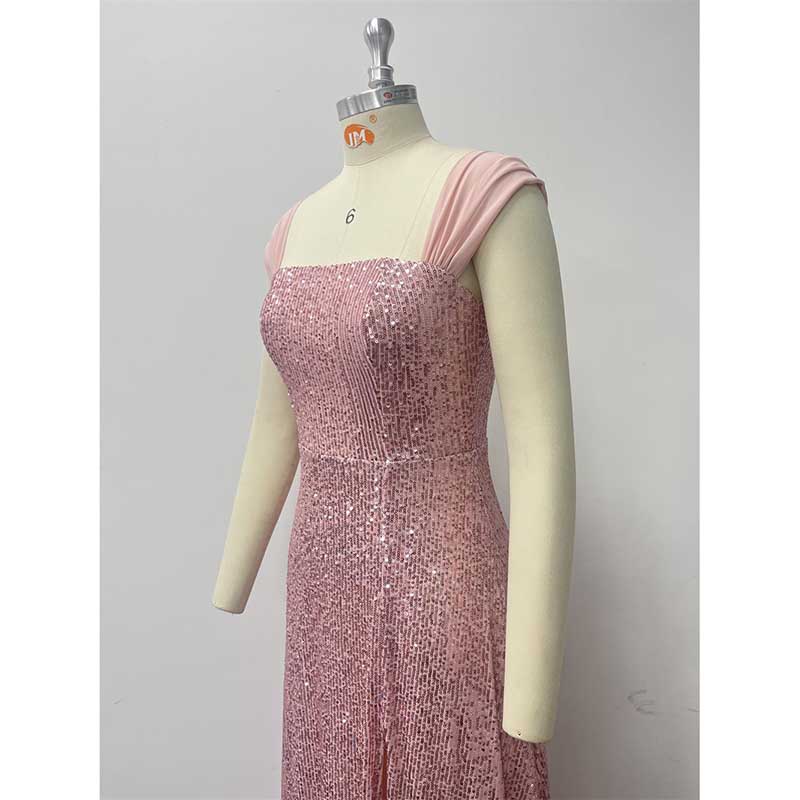 Pink Wedding Guest Dress Sequin Bridesmaid Dress With High Split Long Prom Dress