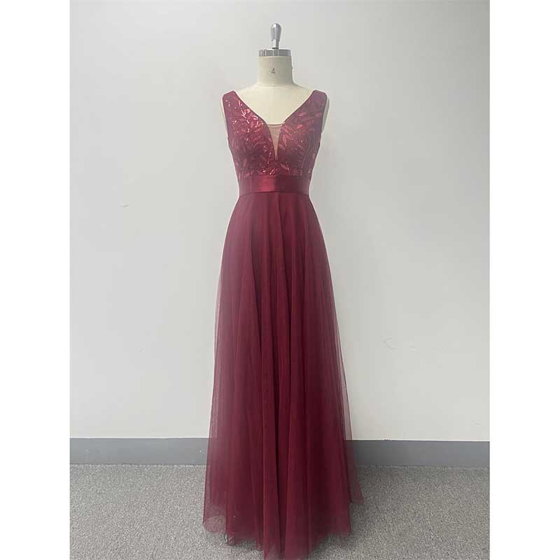 Tulle Sequin Wedding Guest Dress V-Neck Sleeveless Long Evening Dress