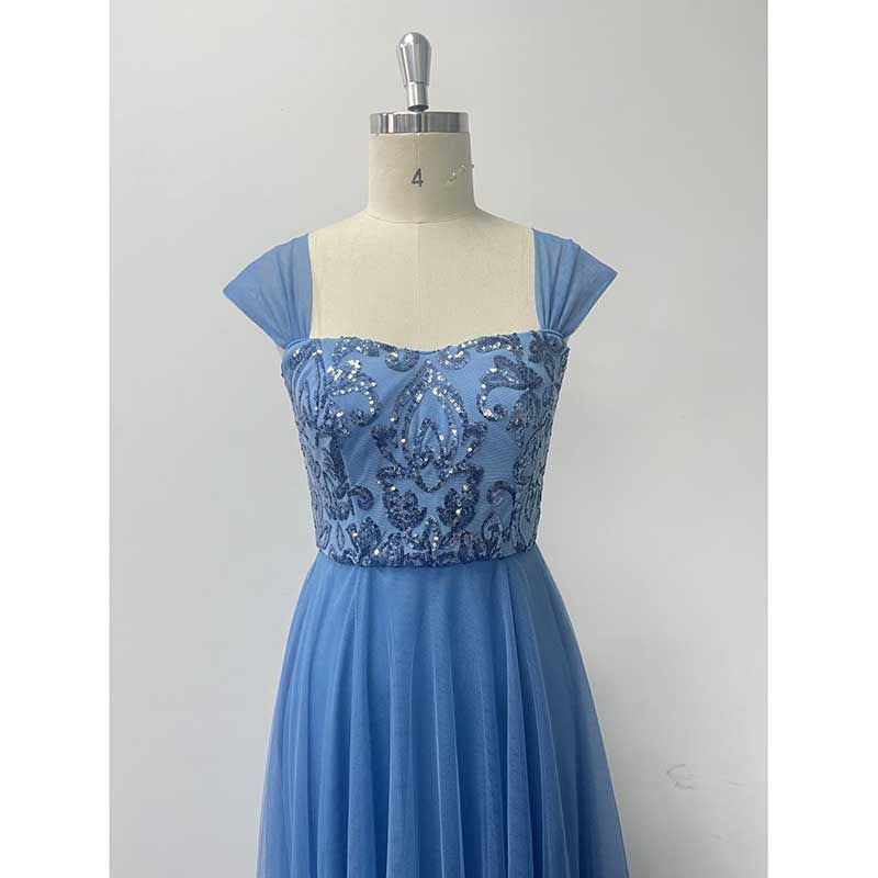 Dusty Blue Tulle Sequin Wedding Guest Dress Square-Neck Long Prom Dress