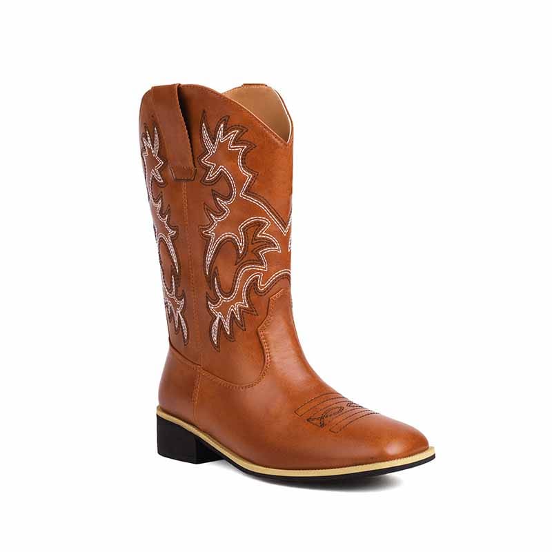 Womens low heel west boots cowboy mid-calf boots