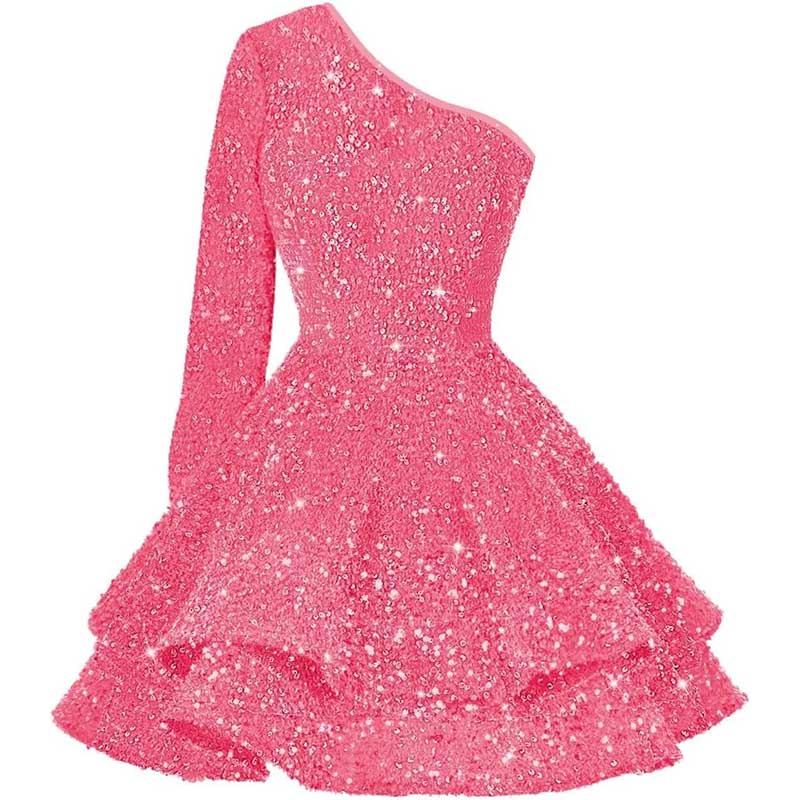Sparkly Sequin Short Homecoming Dresses One Shoulder Glitter Tiered Short Gowns