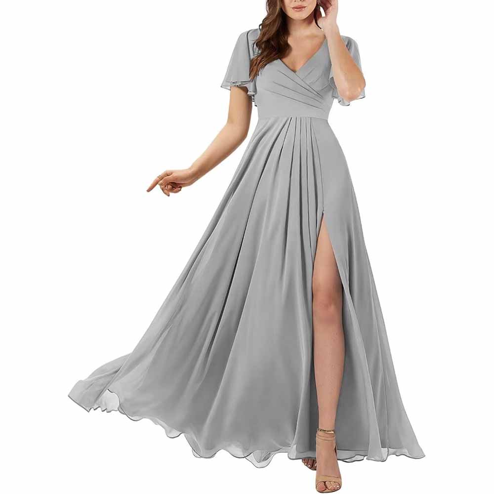 Short Sleeve Bridesmaid Dresses Long with Slit V Neck Chiffon Formal Dresses